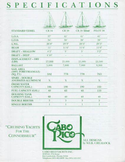 Cabo Rico 34 & 38 Specification Brochure