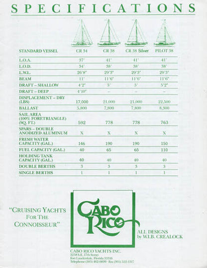 Cabo Rico 34 & 38 Specification Brochure