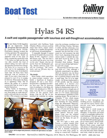 Hylas 54 Raised Salon Sailing Magazine Reprint Brochure