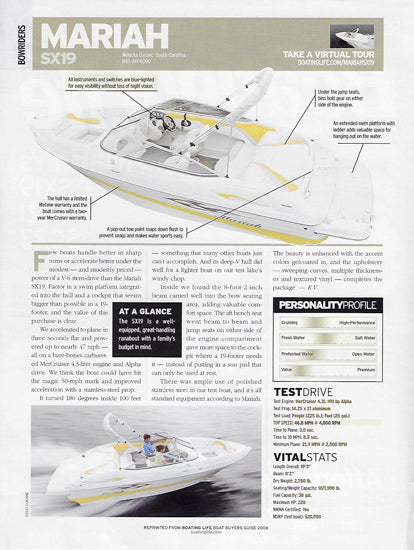 Mariah SX19, SX21, SC23 Boating Life Magazine Reprint Brochure