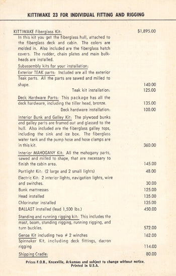 Kenner Kittiwake Price List