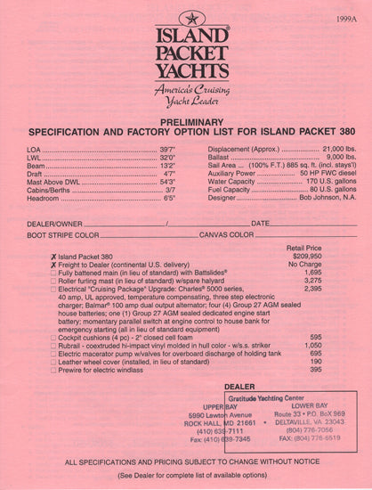 Island Packet 380 Specification Brochure