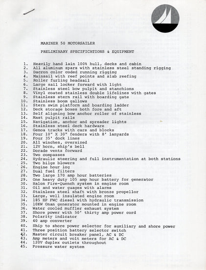 Mariner 50 Motorsailer Specification Brochure