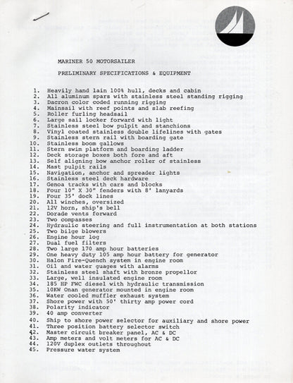 Mariner 50 Motorsailer Specification Brochure