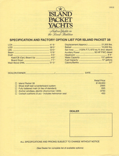 Island Packet 38 Specification Brochure