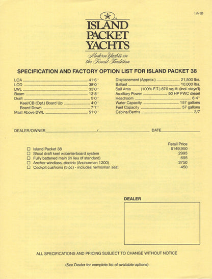 Island Packet 38 Specification Brochure