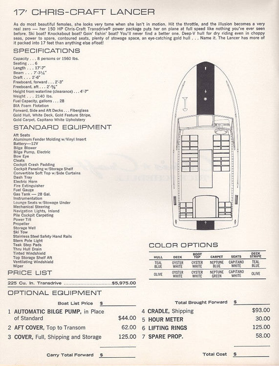 Chris Craft 1973 XK / Lancer Specification Brochure