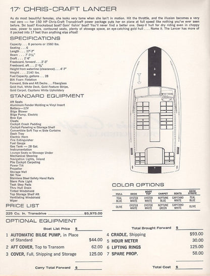 Chris Craft 1973 XK / Lancer Specification Brochure