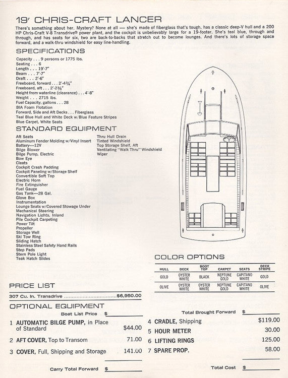Chris Craft 1973 XK / Lancer Specification Brochure