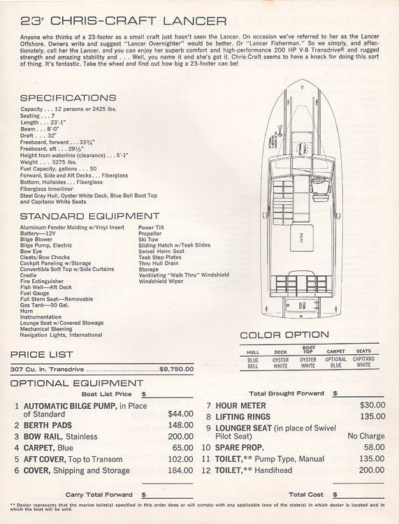 Chris Craft 1973 XK / Lancer Specification Brochure