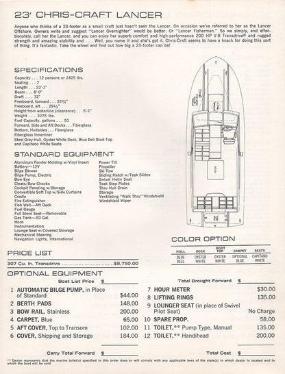 Chris Craft 1973 XK / Lancer Specification Brochure