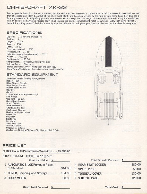 Chris Craft 1973 XK / Lancer Specification Brochure