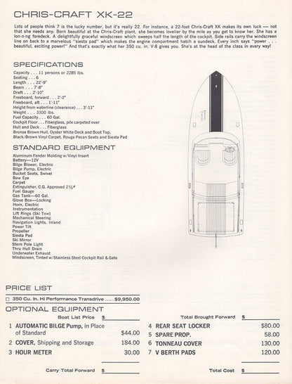 Chris Craft 1973 XK / Lancer Specification Brochure