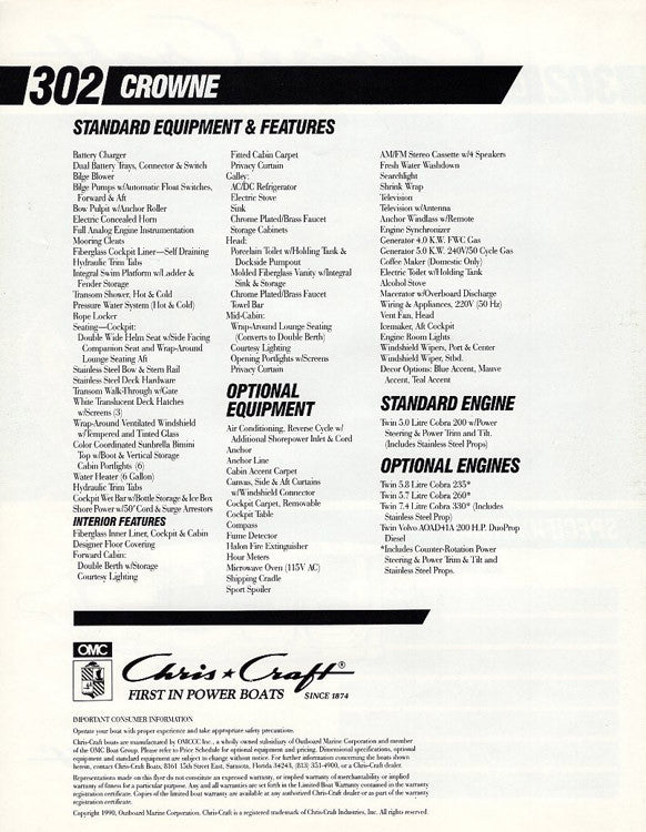 Chris Craft 302 Crowne Brochure