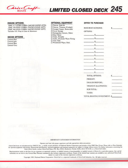 Chris Craft 245 Limited Closed Deck Specification Brochure