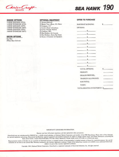 Chris Craft Sea Hawk 190 Brochure