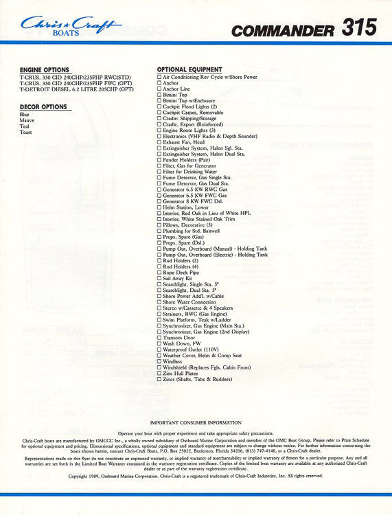 Chris Craft Commander 315 Brochure