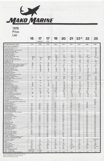 Mako 1978 Price List