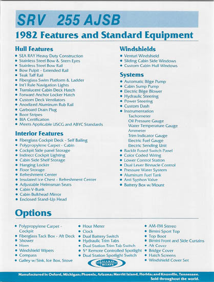 Sea Ray 255 SRV Amberjack Sedan Bridge Specification Brochure (1982)