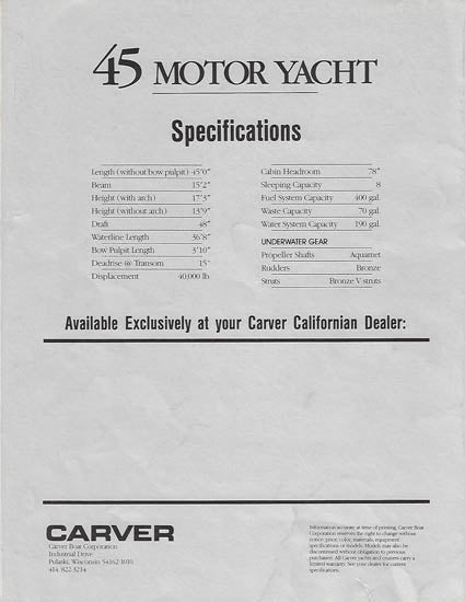Carver 45 Californian Motor Yacht Specification Brochure
