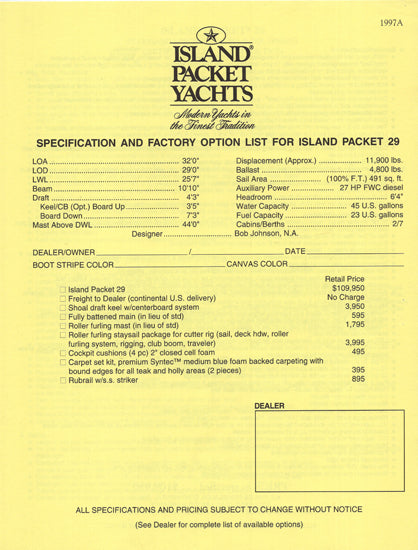Island Packet 29 Specification Brochure