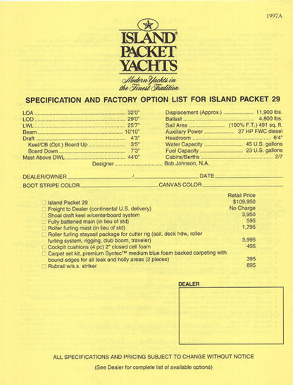 Island Packet 29 Specification Brochure