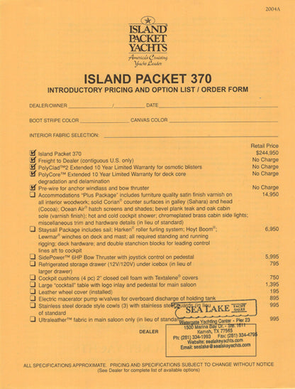 Island Packet 370 Specification Brochure