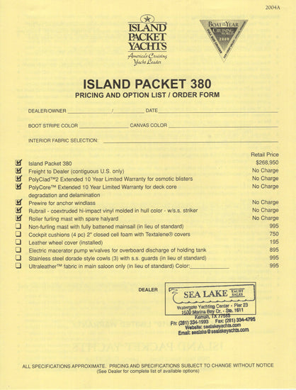 Island Packet 380 Specification Brochure