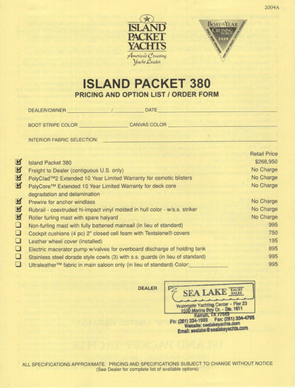 Island Packet 380 Specification Brochure