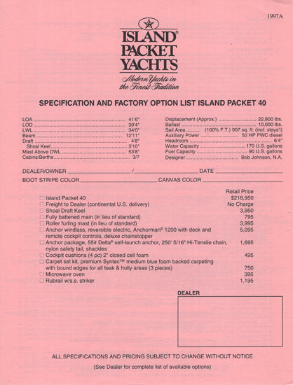 Island Packet 40 Specification Brochure