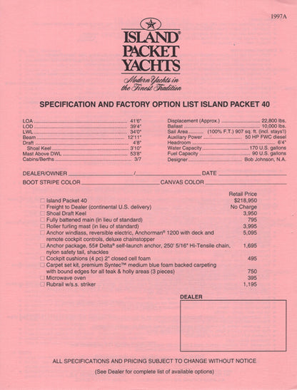 Island Packet 40 Specification Brochure