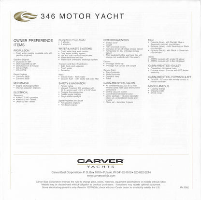 Carver 346 Motor Yacht Specification Brochure (2002)