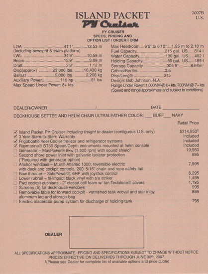 Island Packet PY Cruiser Specification Brochure