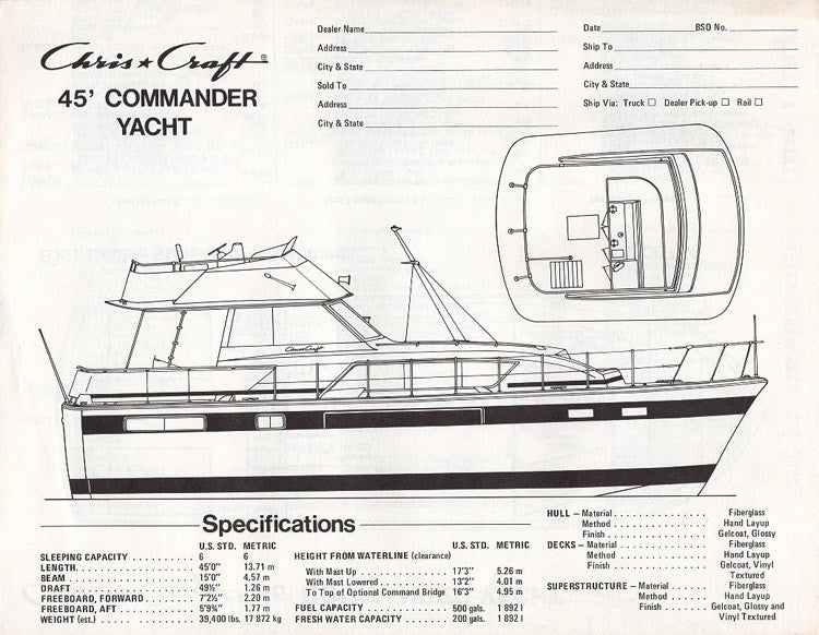 Chris Craft Commander 45 Yacht Specification Brochure