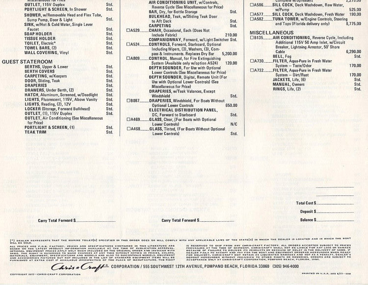 Chris Craft Commander 42 Specification Brochure