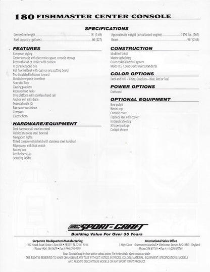 Sport Craft 180 Fishermaster Center Console Brochure