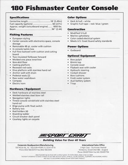Sport Craft 180 Fishermaster Center Console Brochure