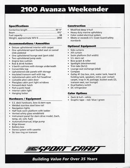 Sport Craft 2100 Avanza Weekender Brochure