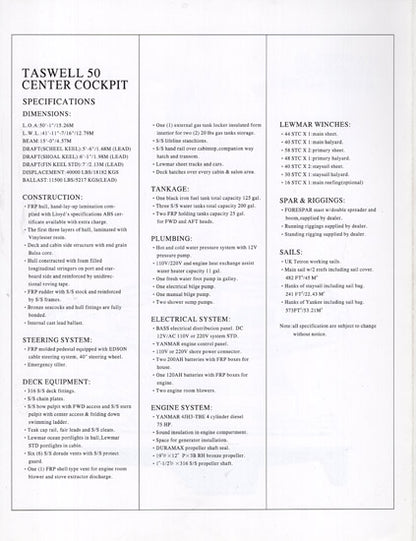 Taswell 50 Specification Brochure