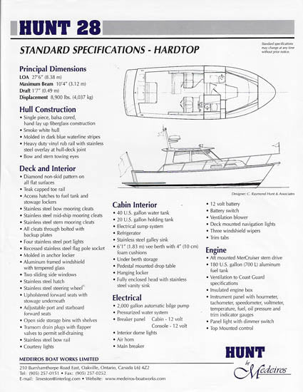 Medeiros Hunt 28 Express Cruiser Hardtop Specification Brochure