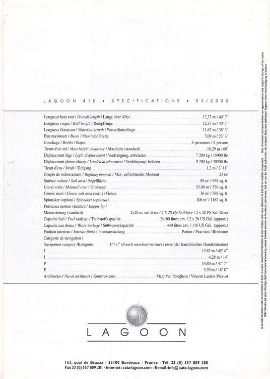 Lagoon 410 Specification Brochure