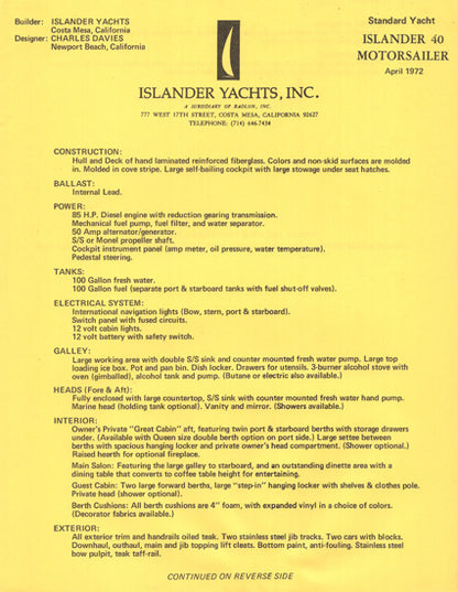 Islander 40 Motor Sailer Brochure