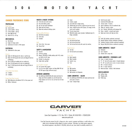 Carver 506 Motor Yacht Specification Brochure (2001)