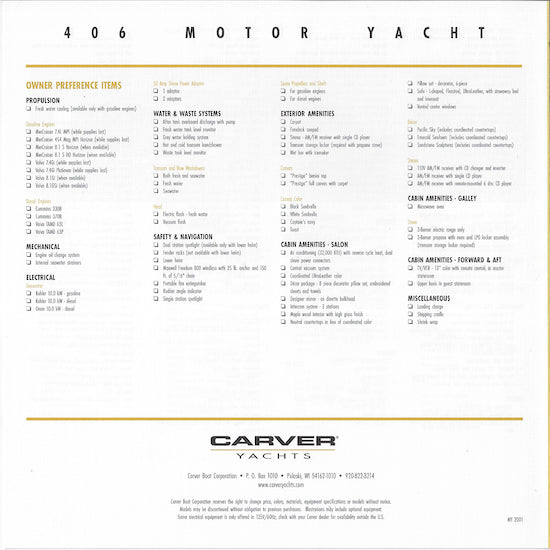 Carver 406 Motor Yacht Specification Brochure (2001)