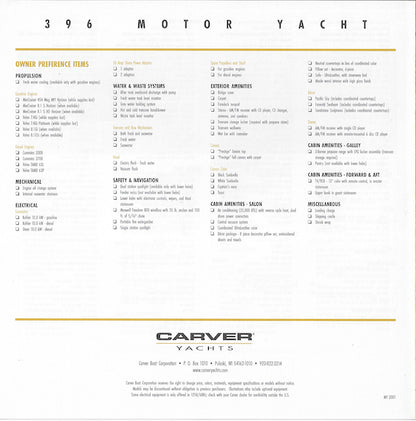 Carver 396 Motor Yacht Specification Brochure (2001)