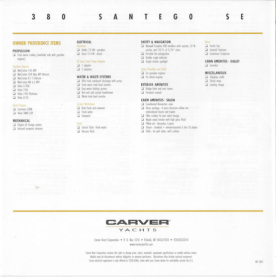 Carver 380 Santego SE Specification Brochure (2001)
