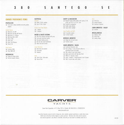 Carver 380 Santego SE Specification Brochure (2001)