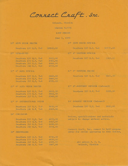 Correct Craft 1959 Price List