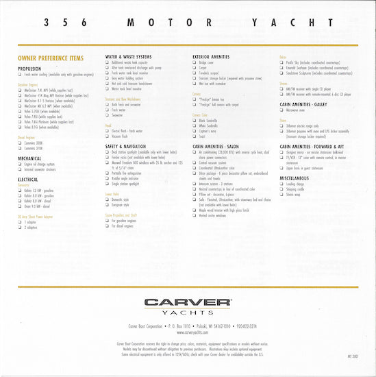 Carver 356 Motor Yacht Specification Brochure (2001)