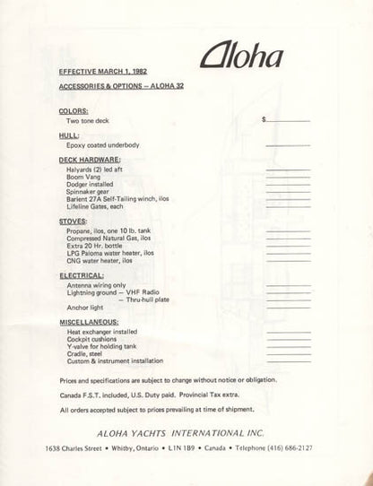 Aloha 32 Specification Brochure